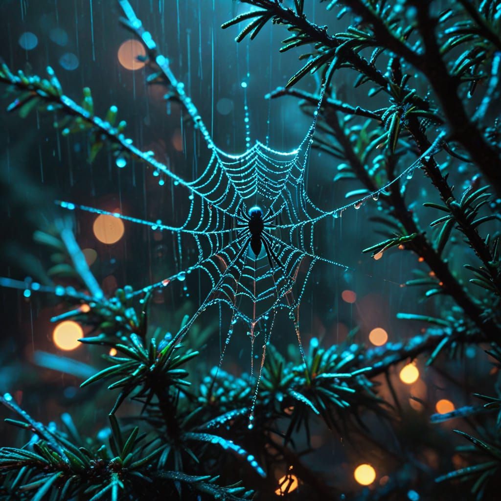 Cyberpunk Spiderweb: Raindrops in a Neon Noir Macro