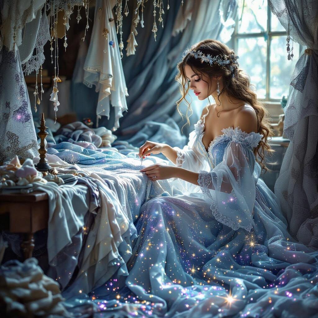 Celestial Seamstress Weaving Gowns in Fantasy Realism Style