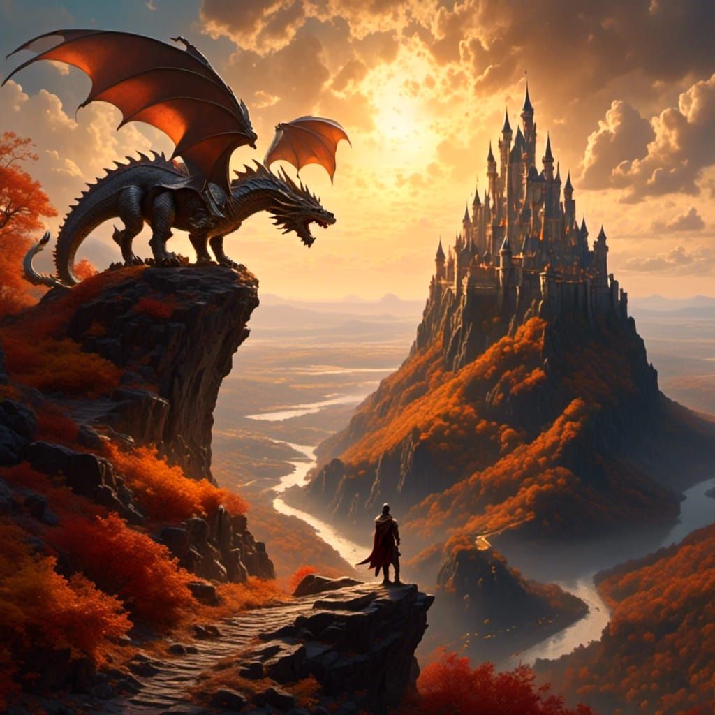 Knight, Dragon, and Castle in Fantasy Landscape