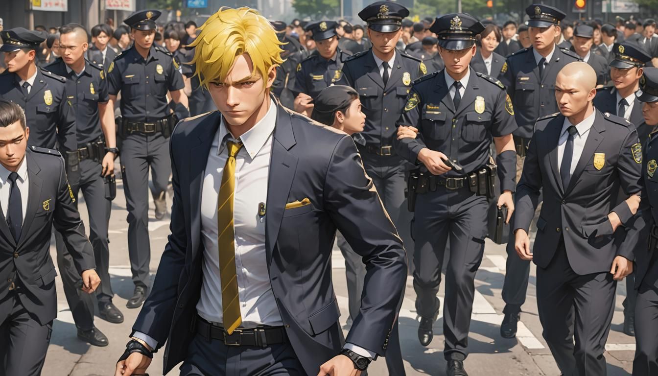 Man with Yellow Hair Handcuffed: Anime-Style 3D Art
