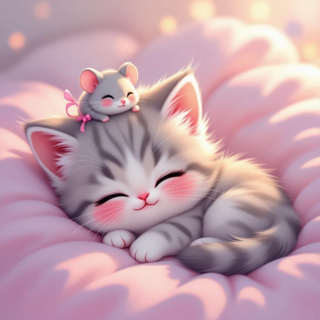 Cute Kitten and Mouse Sleeping in Dreamy Kawaii Style