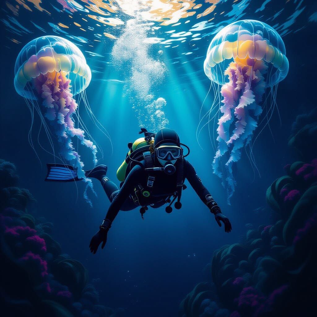 Scuba Diver Encounters Giant Jellyfish in Dark Fantasy Art