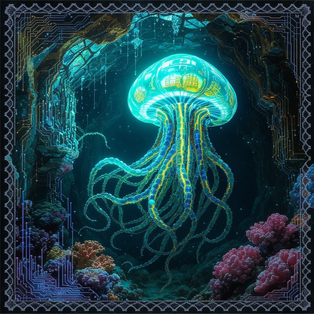 Biopunk Jelly-Monk in Submerged Coral Temple