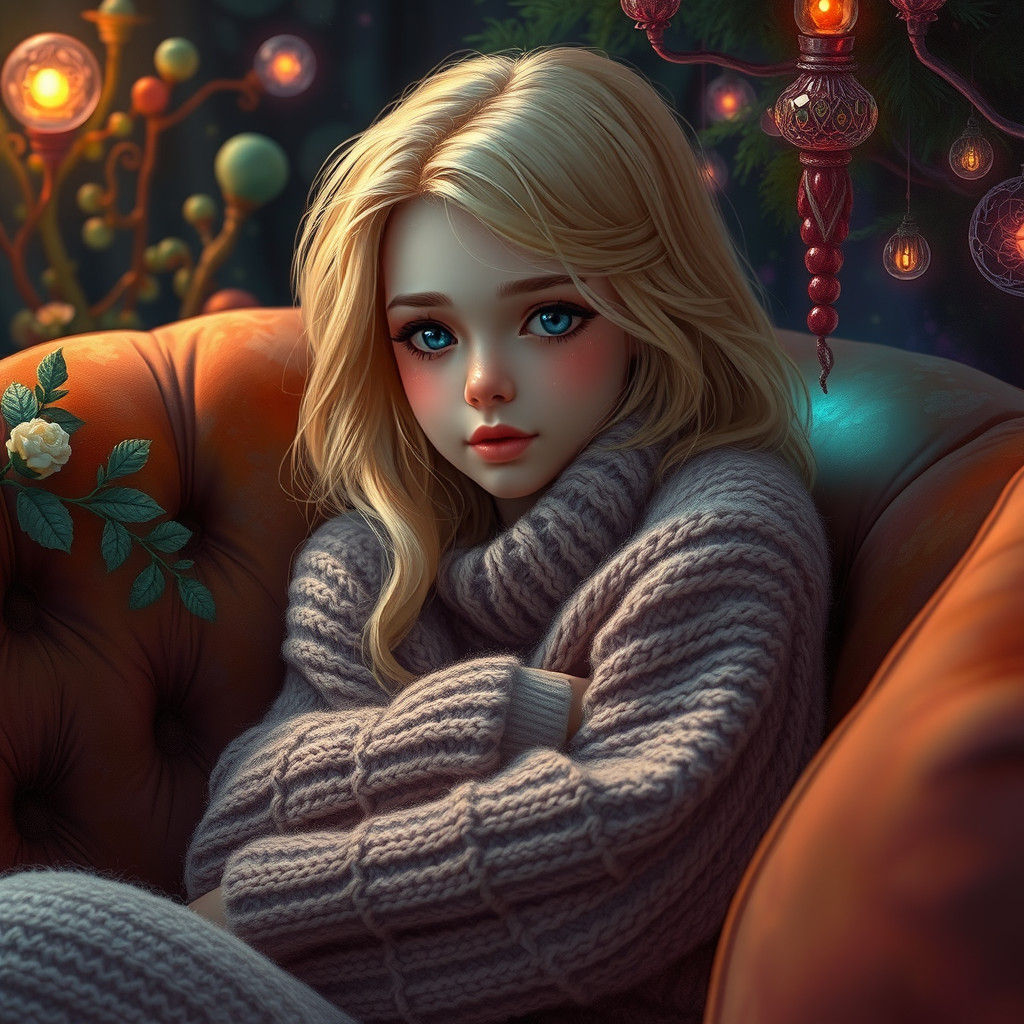 Cozy Blond Woman in Angora Sweater, Matte Painting