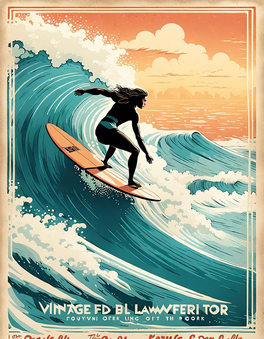 Vintage Surfer Poster in Flat Pastel Style