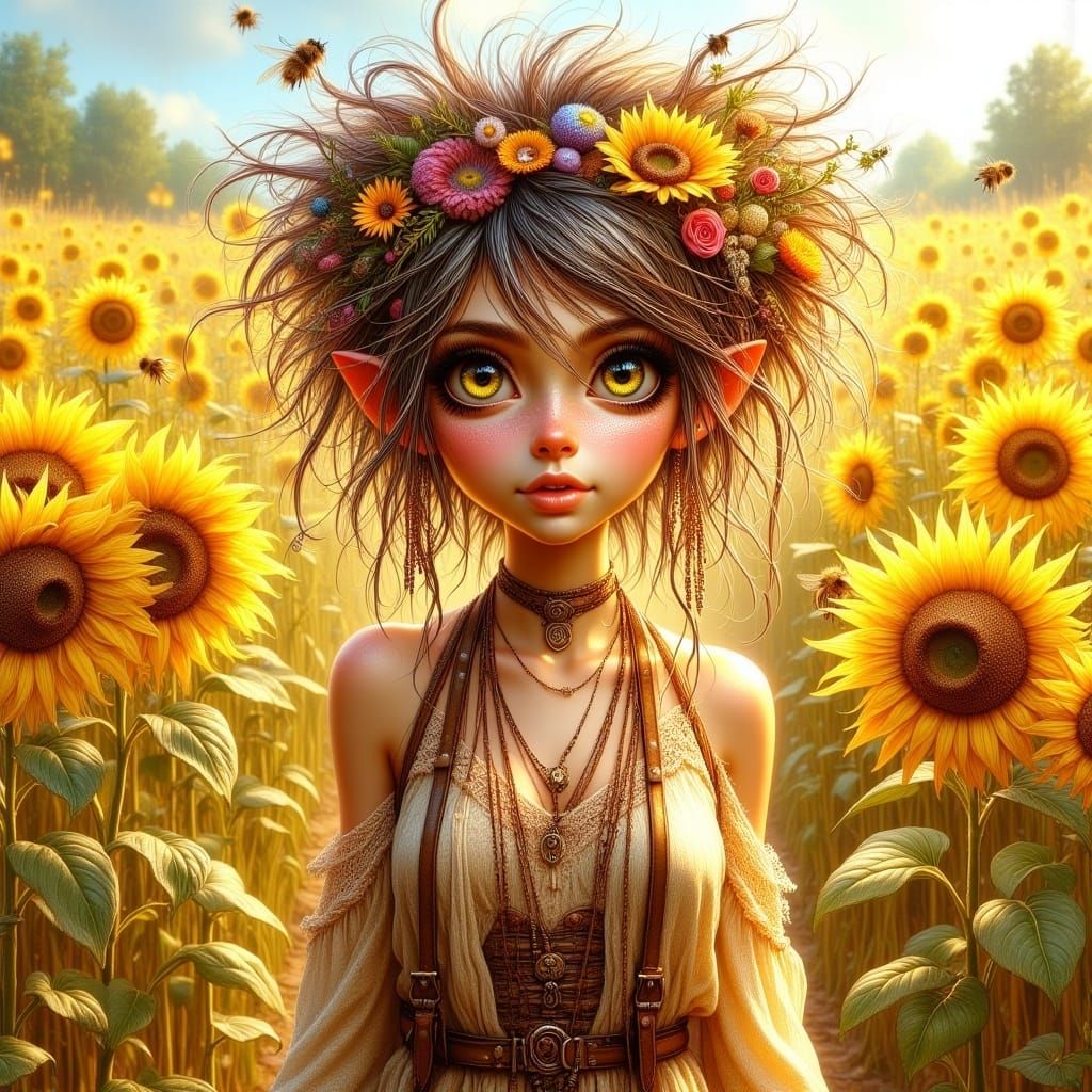 Whimsical Flower Child in Sunflower Field