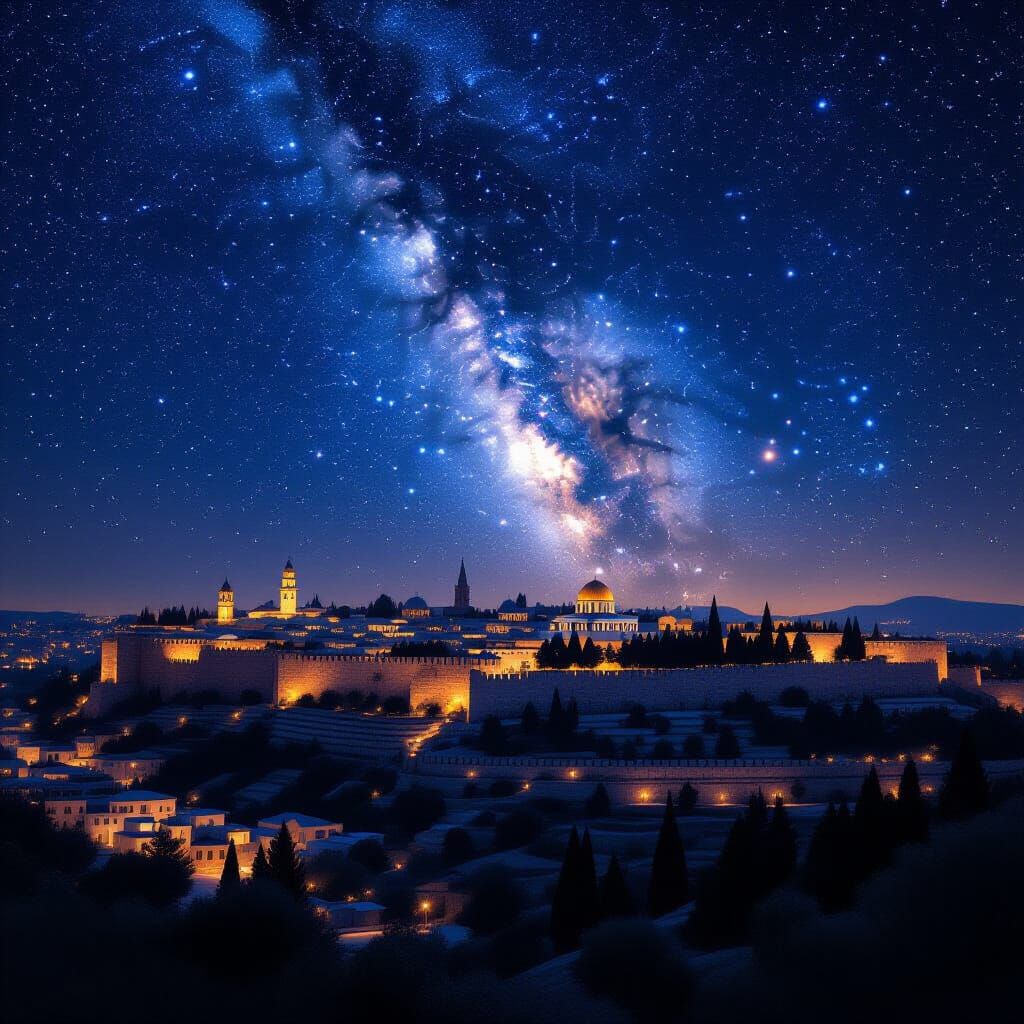 Ancient Jerusalem Cityscape Under Starry Milky Way Sky