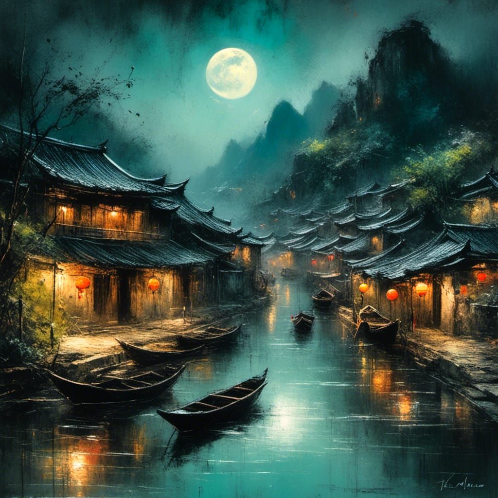 Nighttime Guizhou Water Village in Digital Art