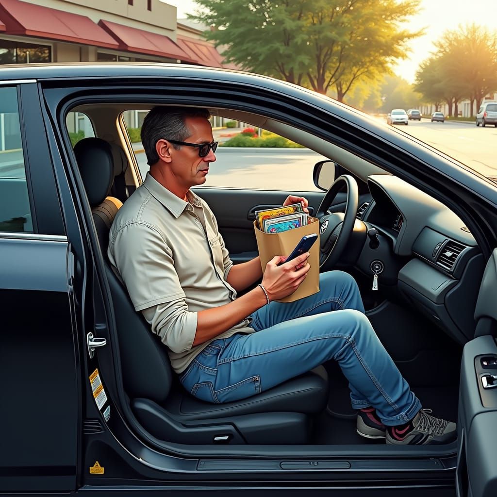 Man Examines Comics in Car, Detailed Illustration