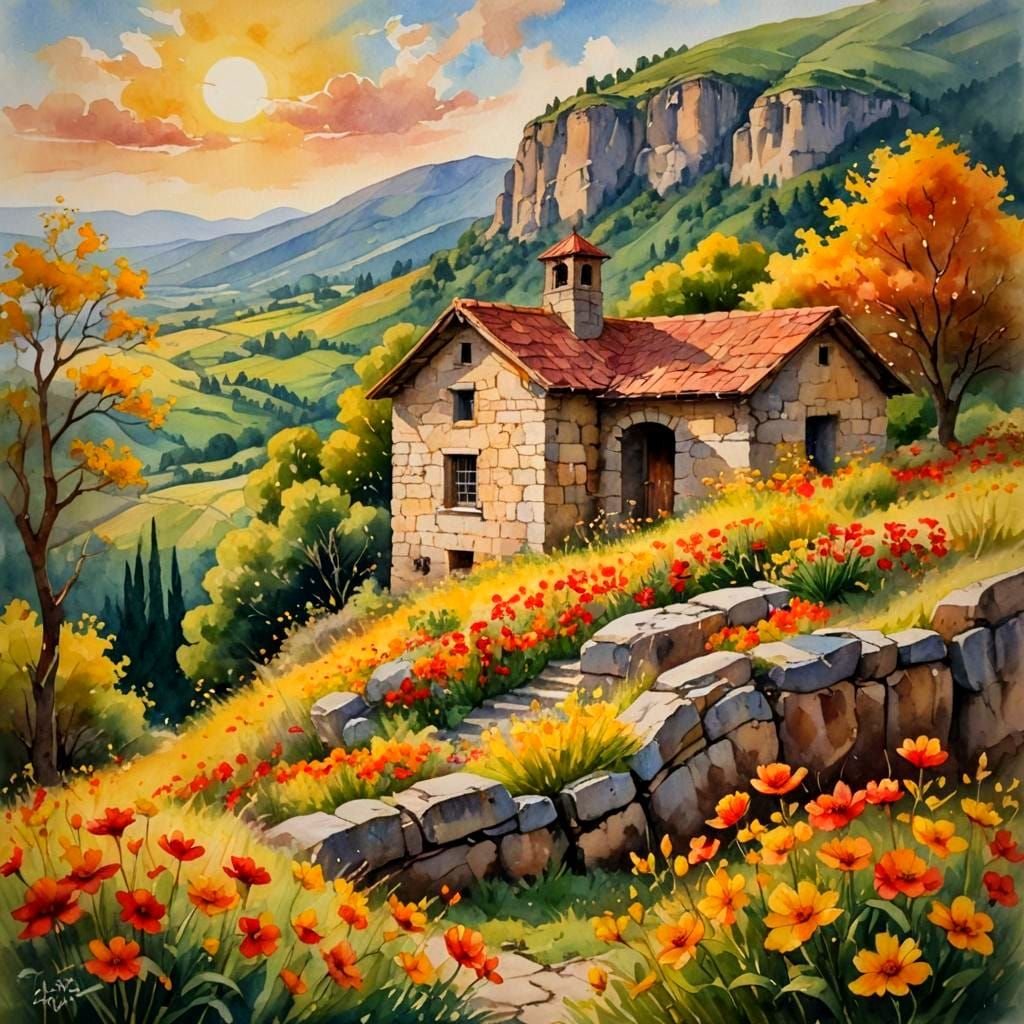 Picturesque Watercolor of Stone Building with Flowers