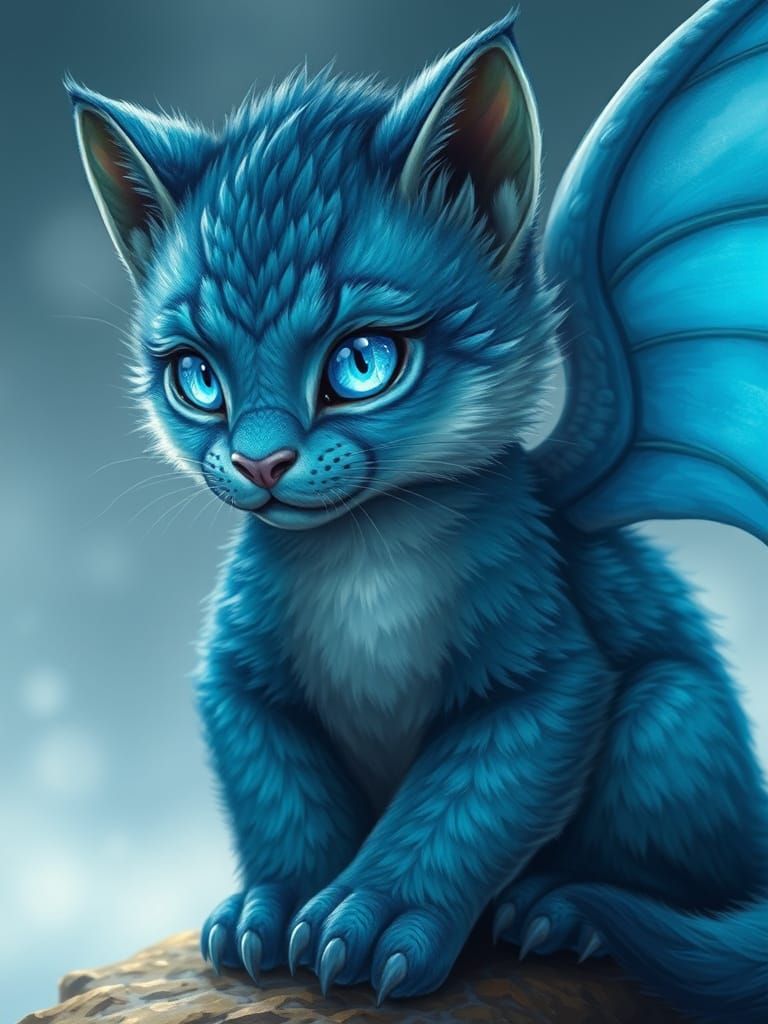 Majestic Blue Feline Dragon Cub in Whimsical Realism Style