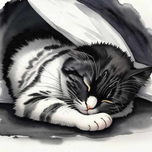 Moody Watercolor: Sleeping Cat in Black and White