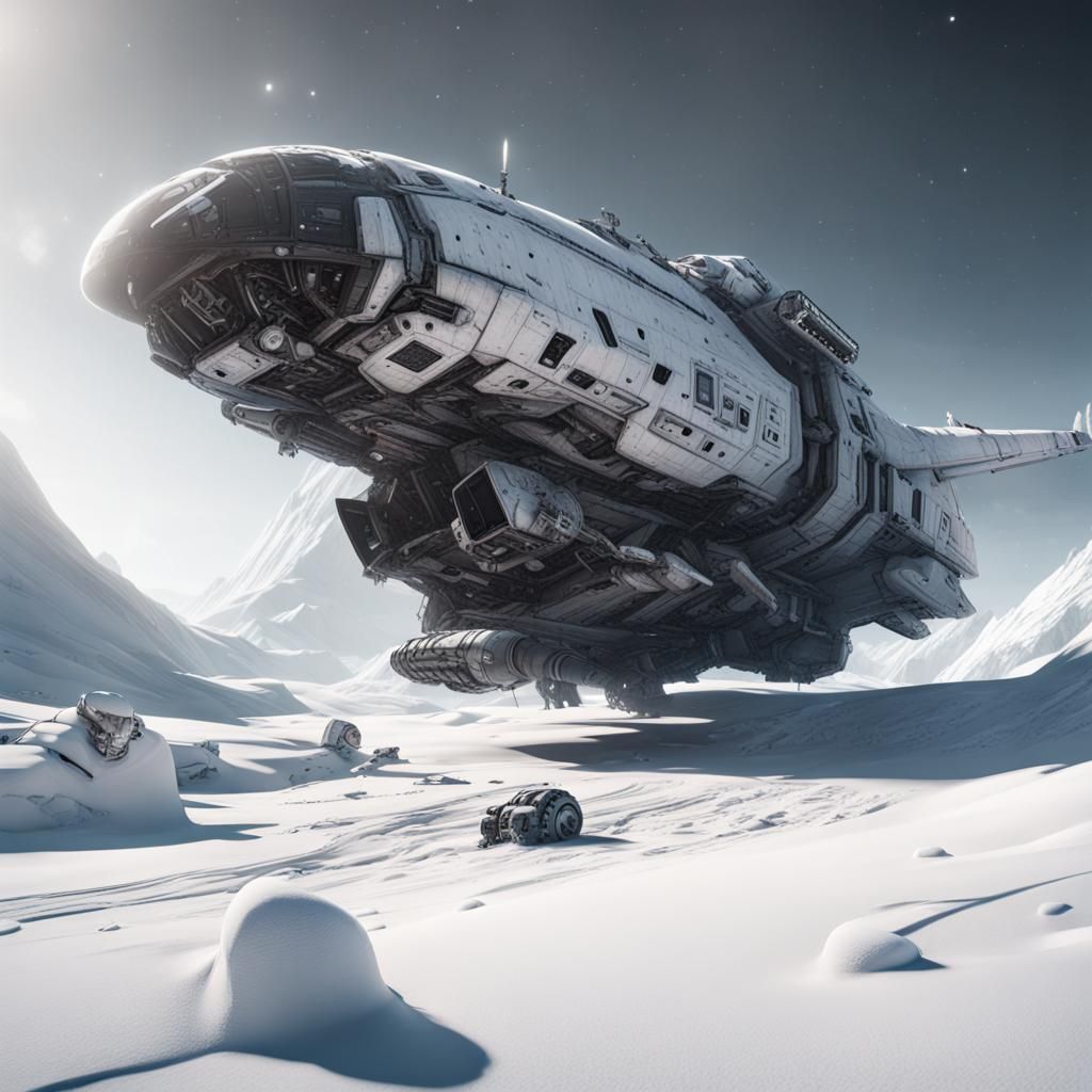 Crashed Spaceship on Snowy Planet in Dark Fantasy Style