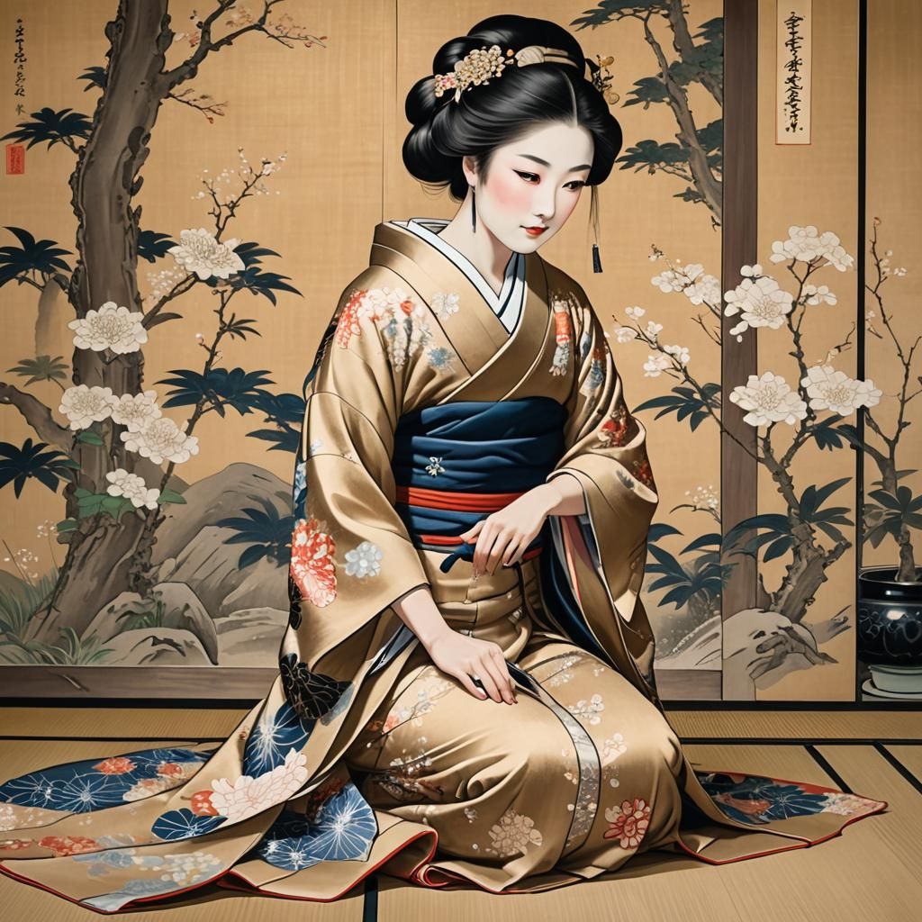Japanese Woman Kneeling Before Ukiyo-e Painting