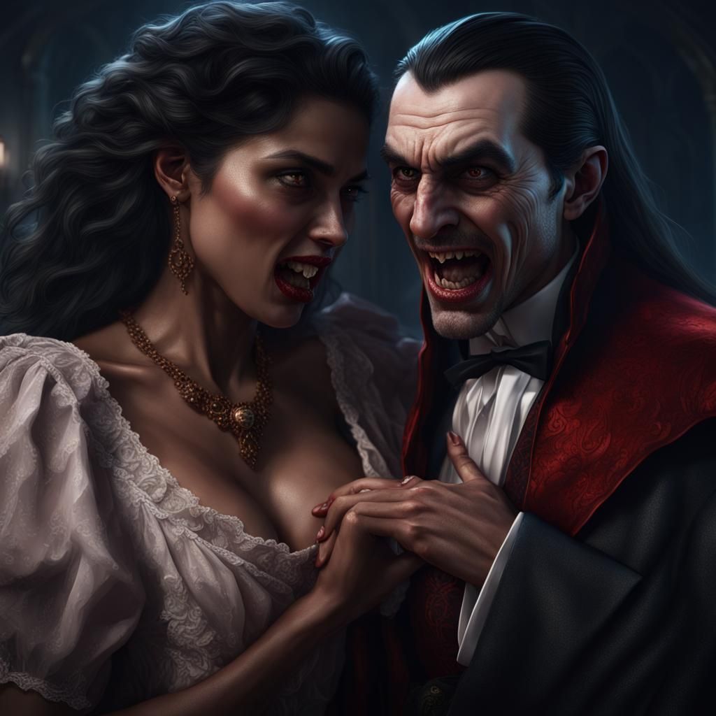 Dracula Biting Woman: Detailed Matte Painting