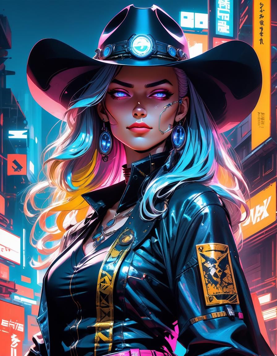 Cyberpunk Cowgirl Portrait in Manga Style
