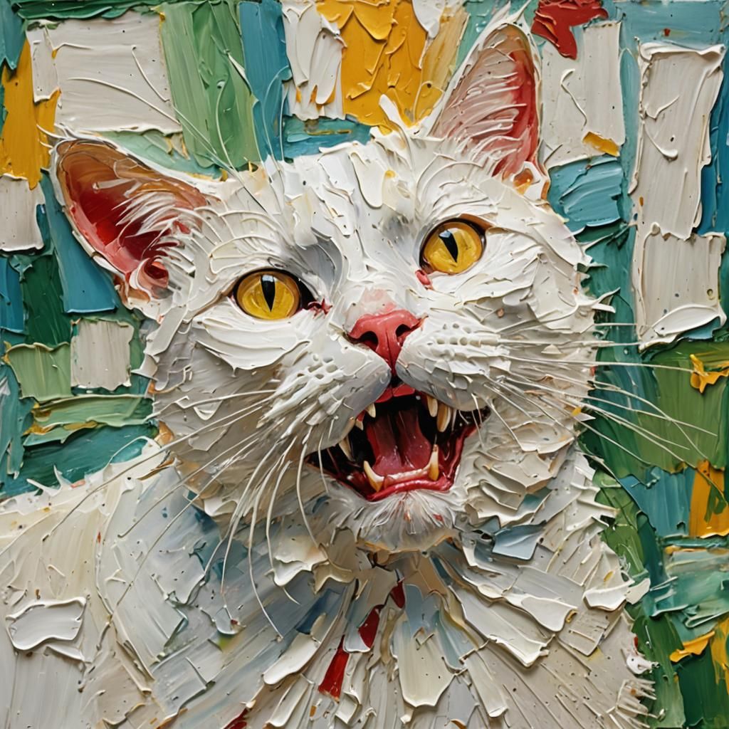 Expressive Impasto Portrait of White Cat