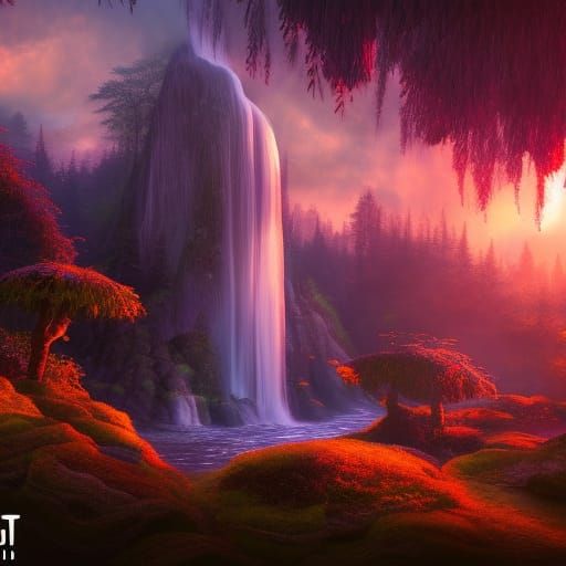Magical Waterfall Forest Sunset in Detailed Matte Painting