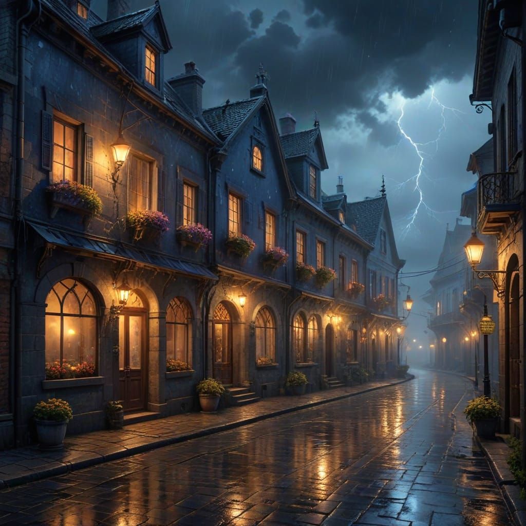 Whimsical Fantasy Town Under Ominous Stormy Night Sky