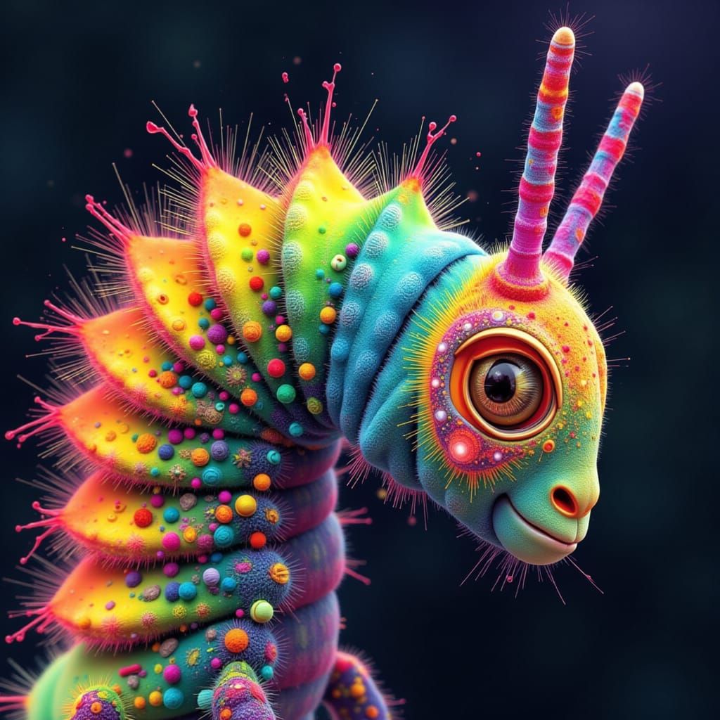 Vibrant Rainbow Caterpillar Portrait in Glitch Style