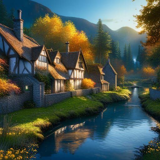 Autumnal English Cottage Village in Golden Light