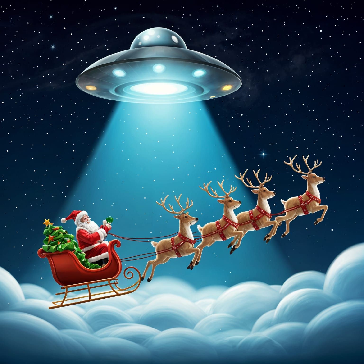 Santa Meets Alien in the Starry Night Sky in a Whimsical Cyb...