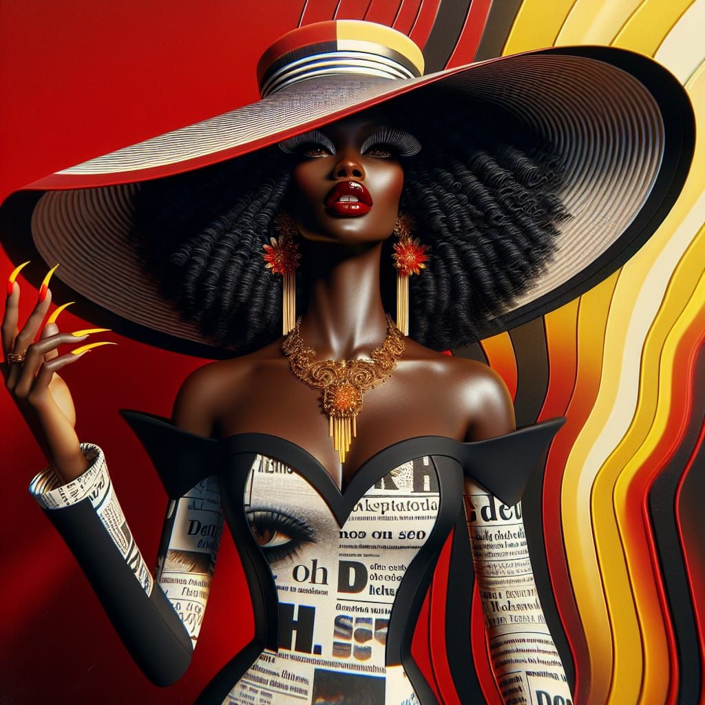 A stunning high fashion editorial digital acrylic oil painting featuring an African American top model. She is dressed i...
