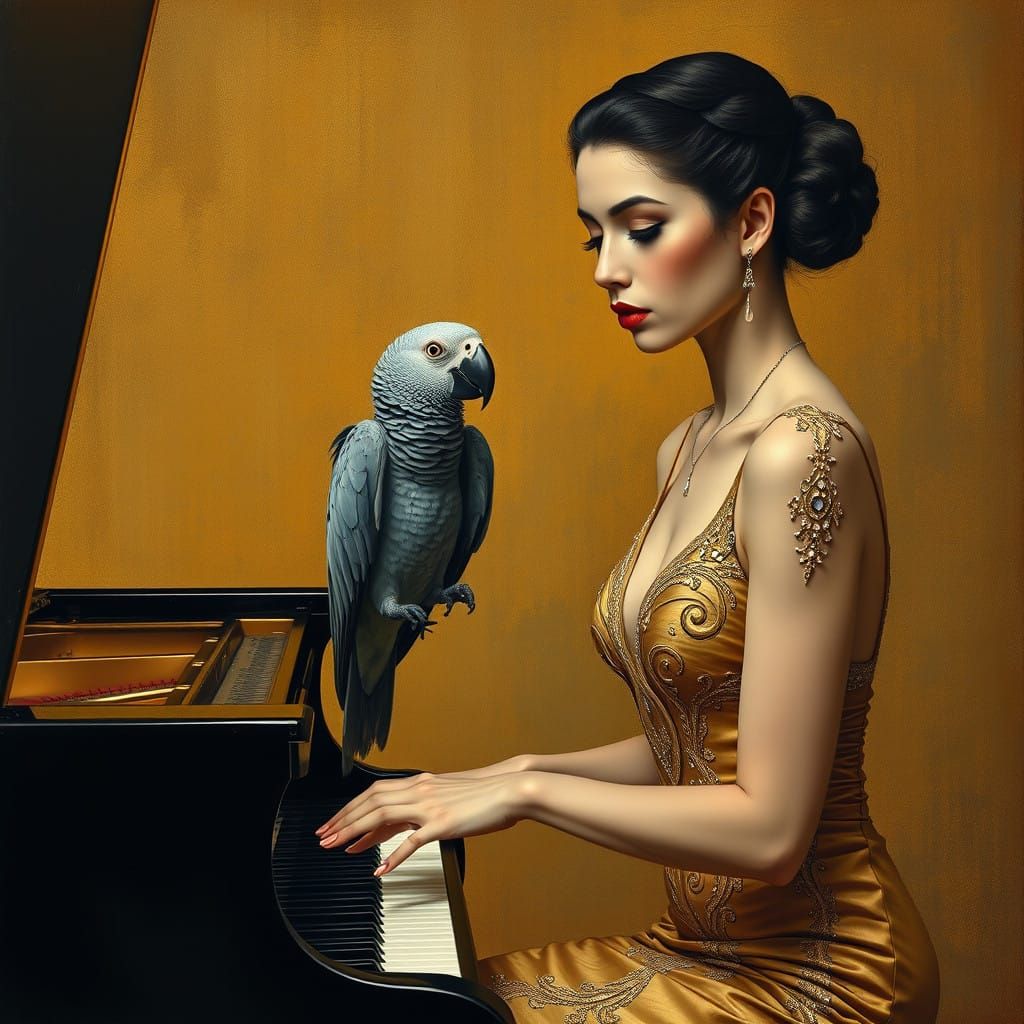 Woman Plays Piano with African Grey Parrot as Elegant Art De...