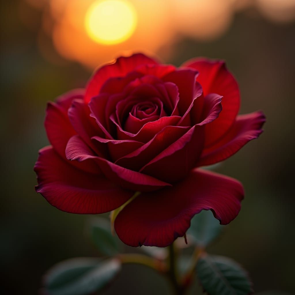 Dark Red Rose with Sunset, Old Masters Style
