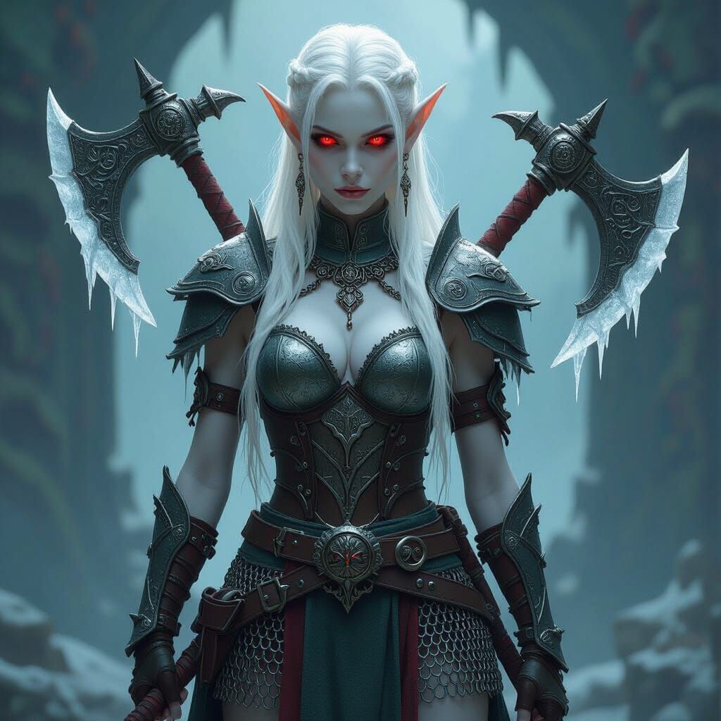 Albino Elf Queen Warrior in Fantasy Landscape