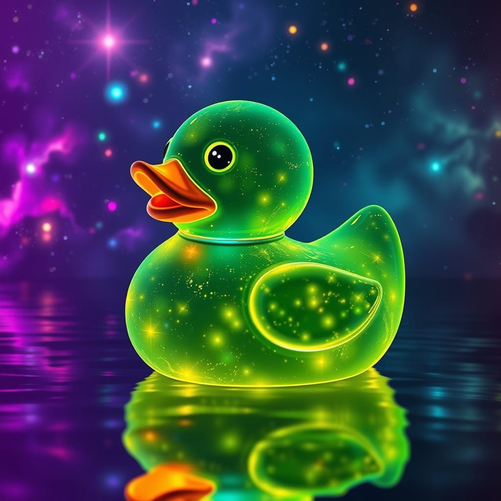 Cosmic Rubber Duck in Vibrant Holographic Style