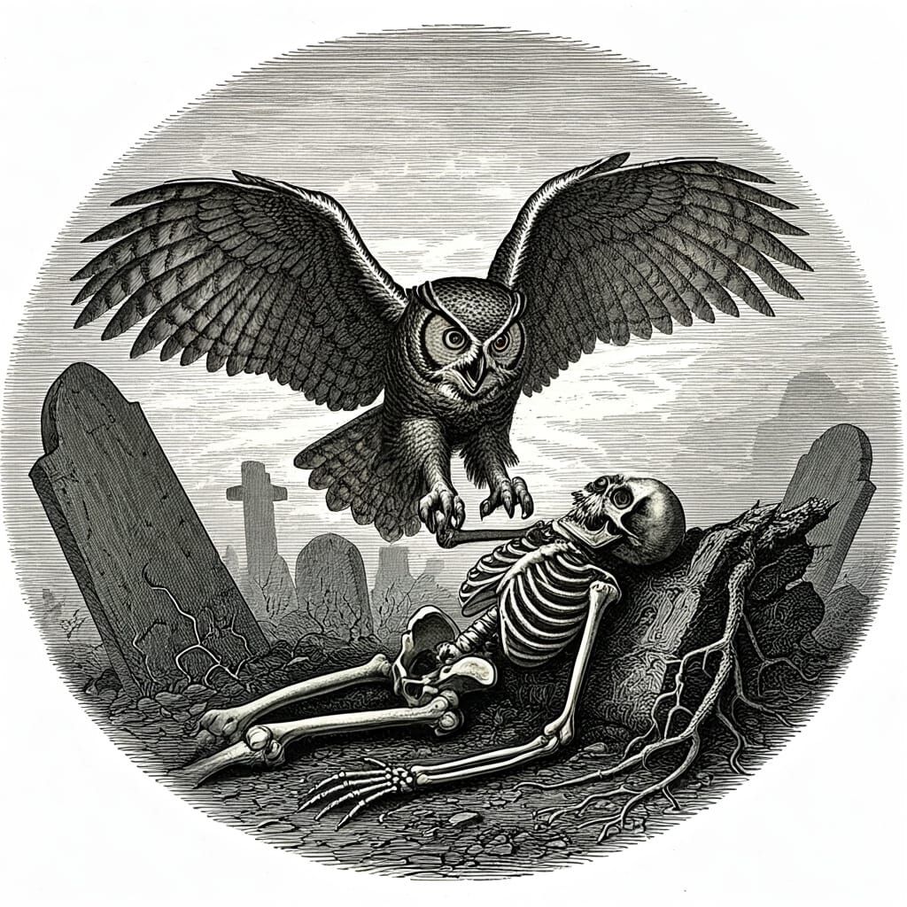 Owl Ripping Skull in Graveyard Etching