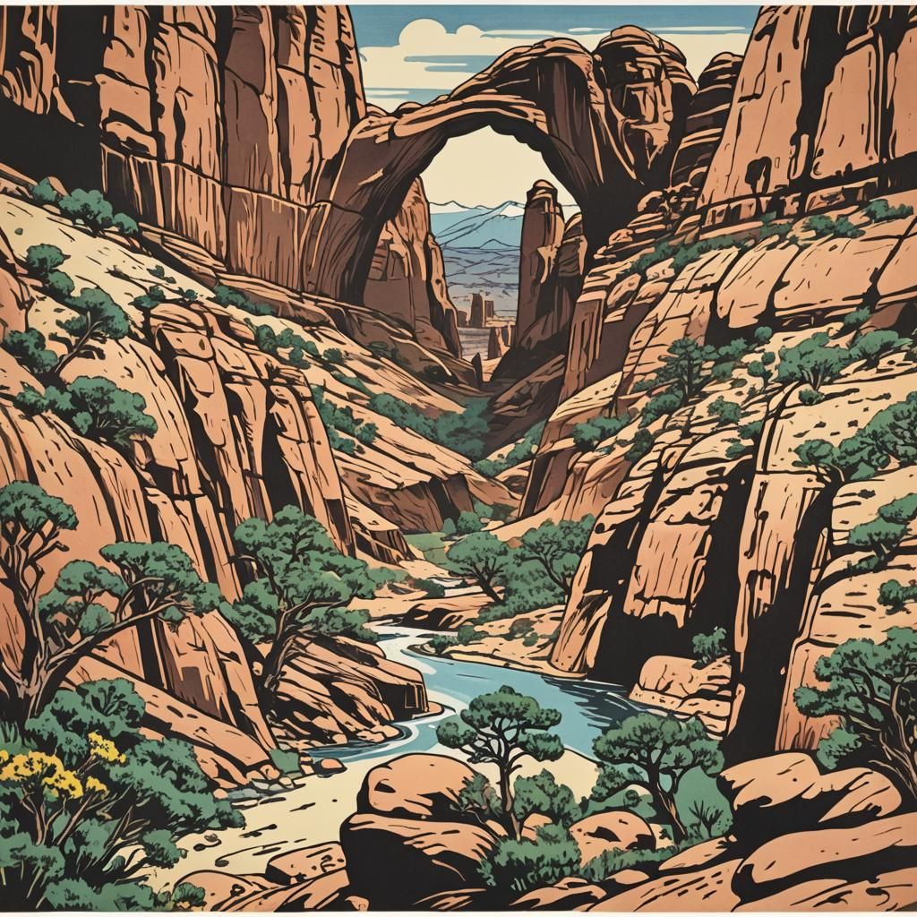 Arches National Park in Japanese Woodcut Style