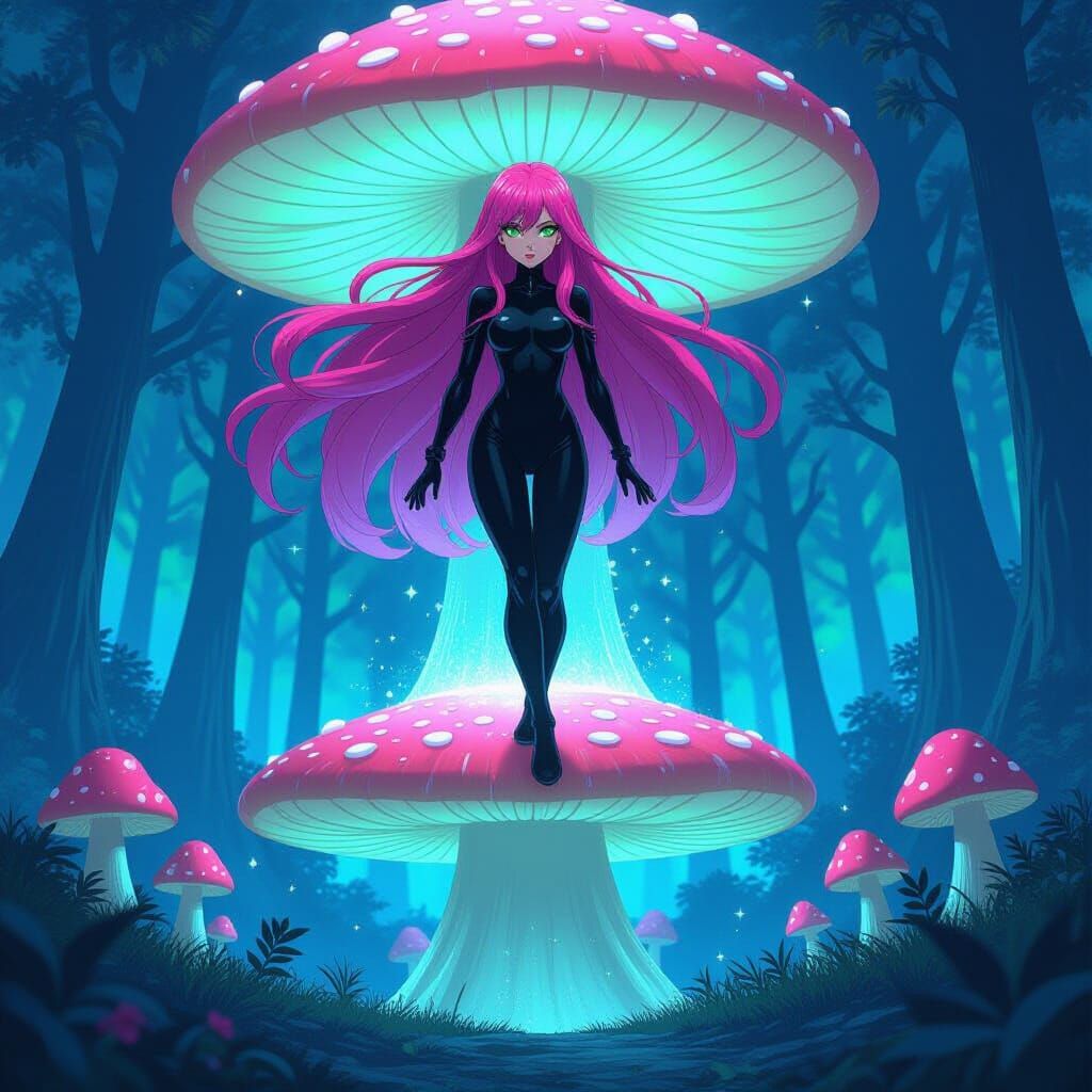 Anime Woman in Bioluminescent Forest, Studio Trigger Style