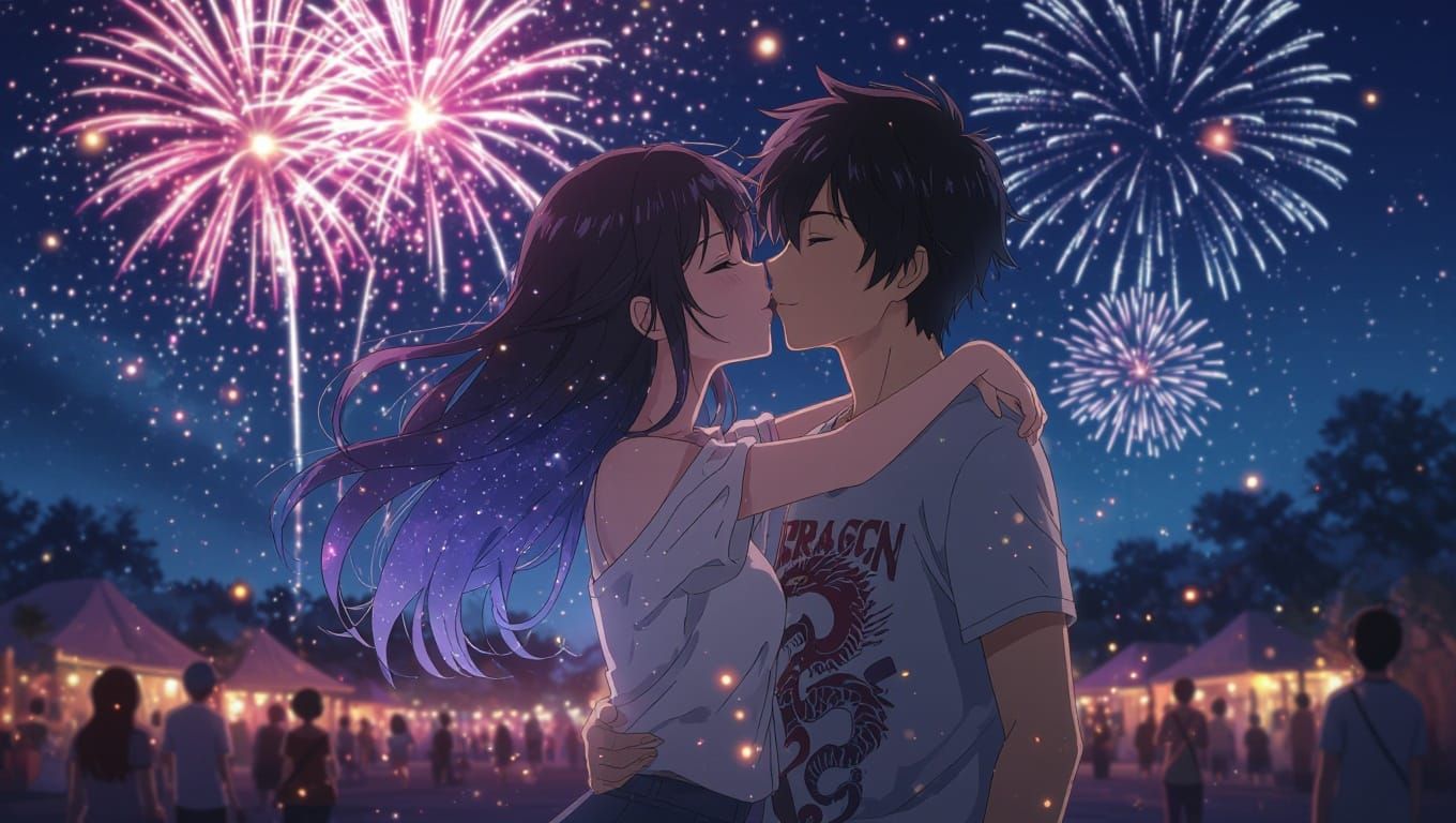 Pastel Anime Couple in Whimsical Fireworks Festival