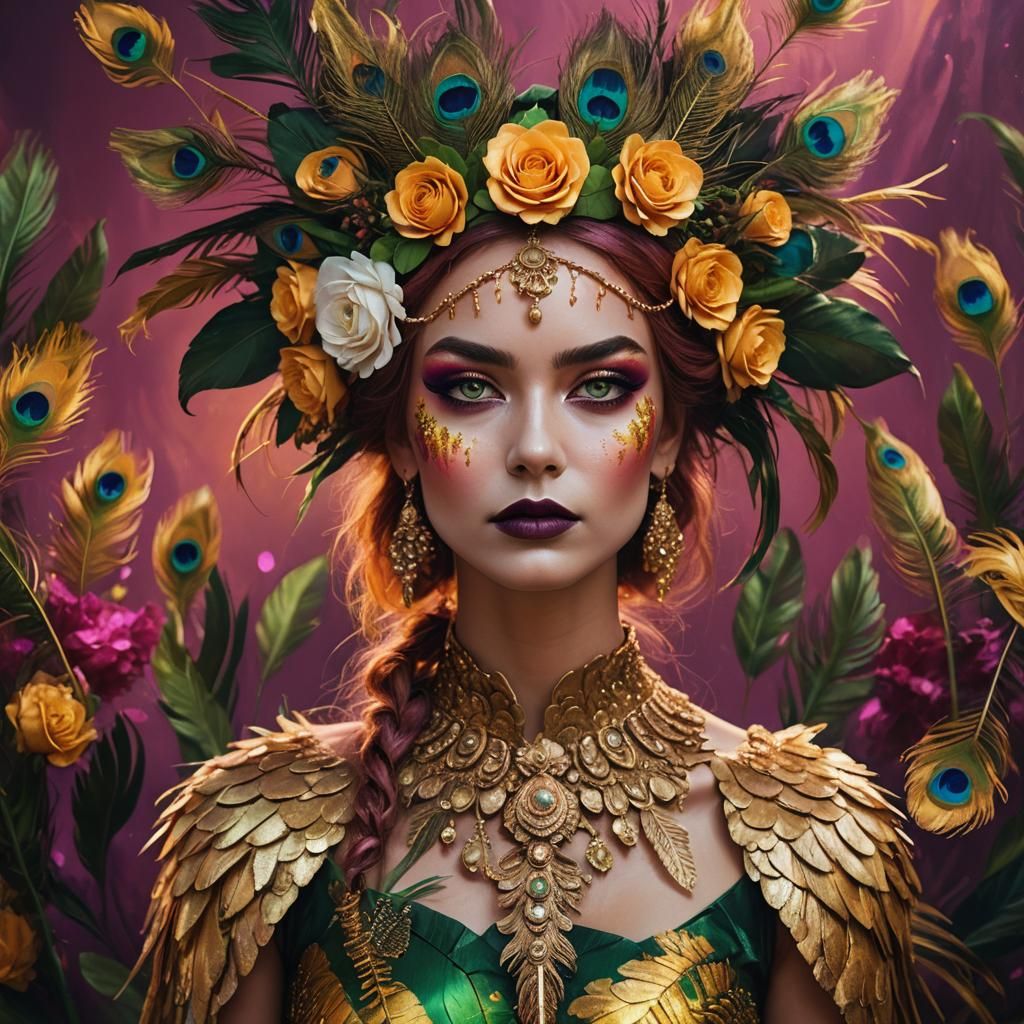 Rose Gold Woman with Peacock Feathers, Surreal Portrait