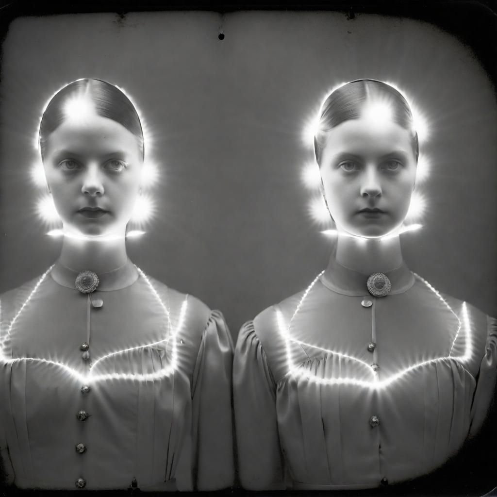 Creepy Twin Girls with dour expressionsBlack_and_white antique photo :: Daguerreotype :: double exposure :: film grain :...
