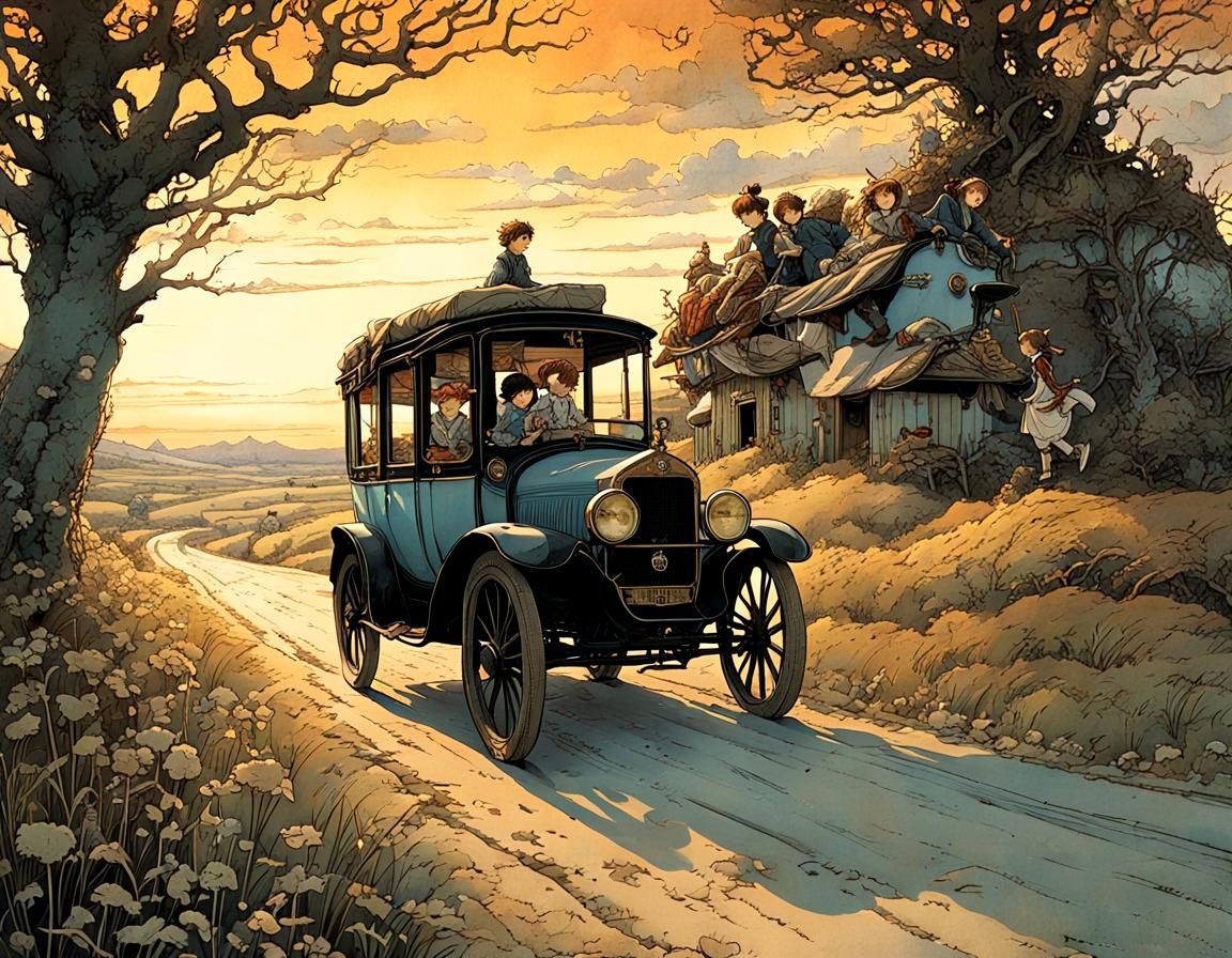 Enchanting Dusk Journey Inspired by Classic Illustrators