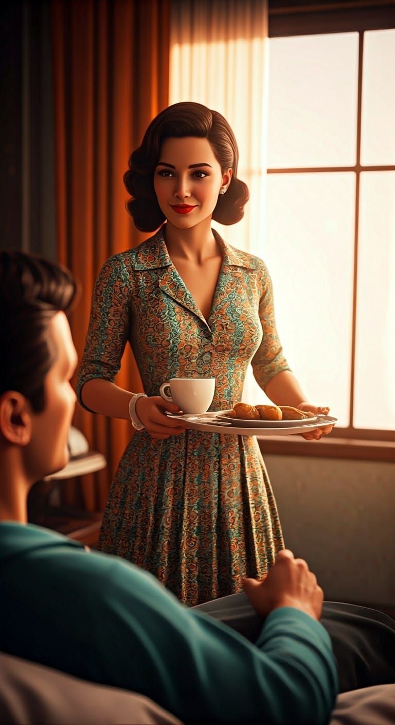 1950s Tradwife Serves Breakfast in Art Nouveau Style