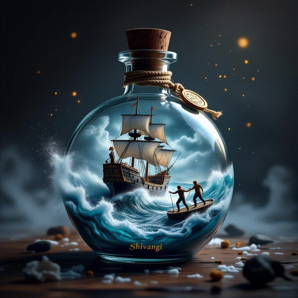 Stormy Ocean in a Bottle, Hyper-Realistic Digital Art