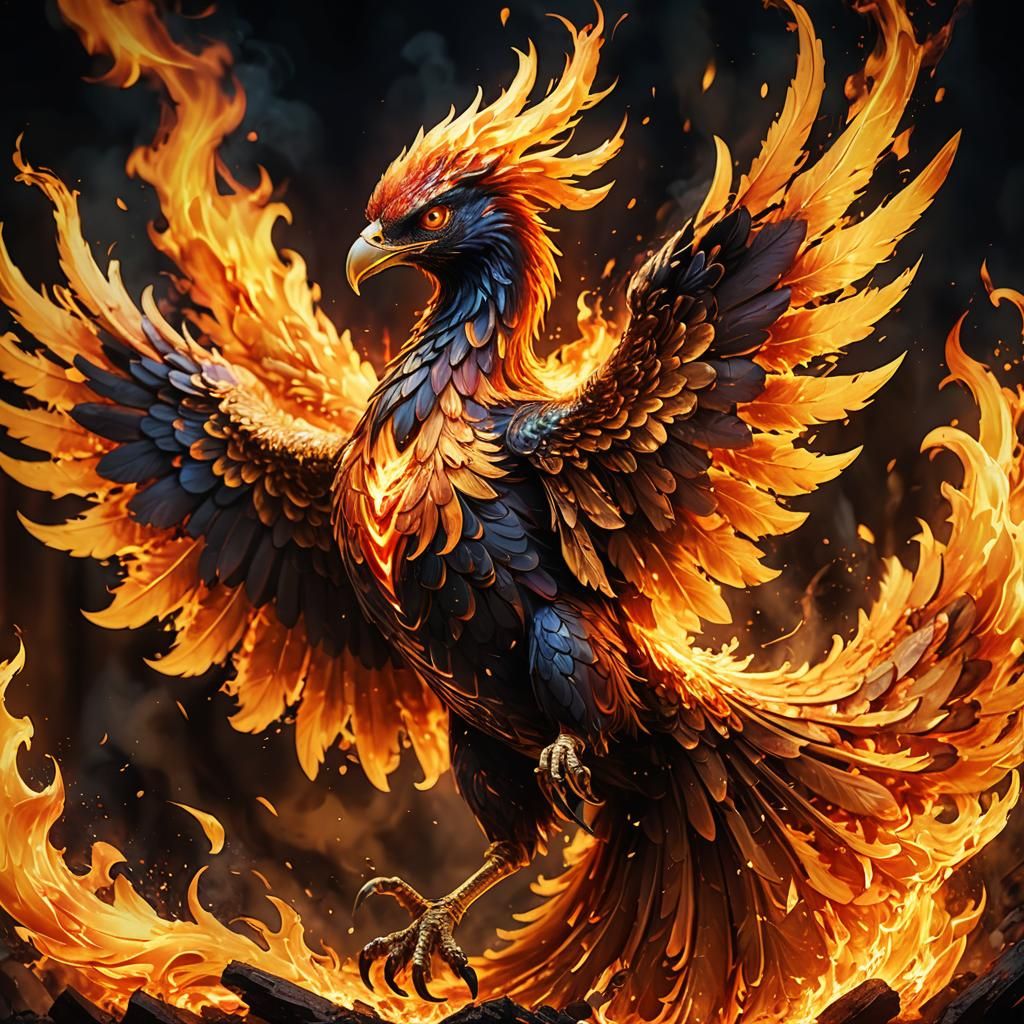 Fiery Phoenix Rising from Ashes: Vibrant Digital Art