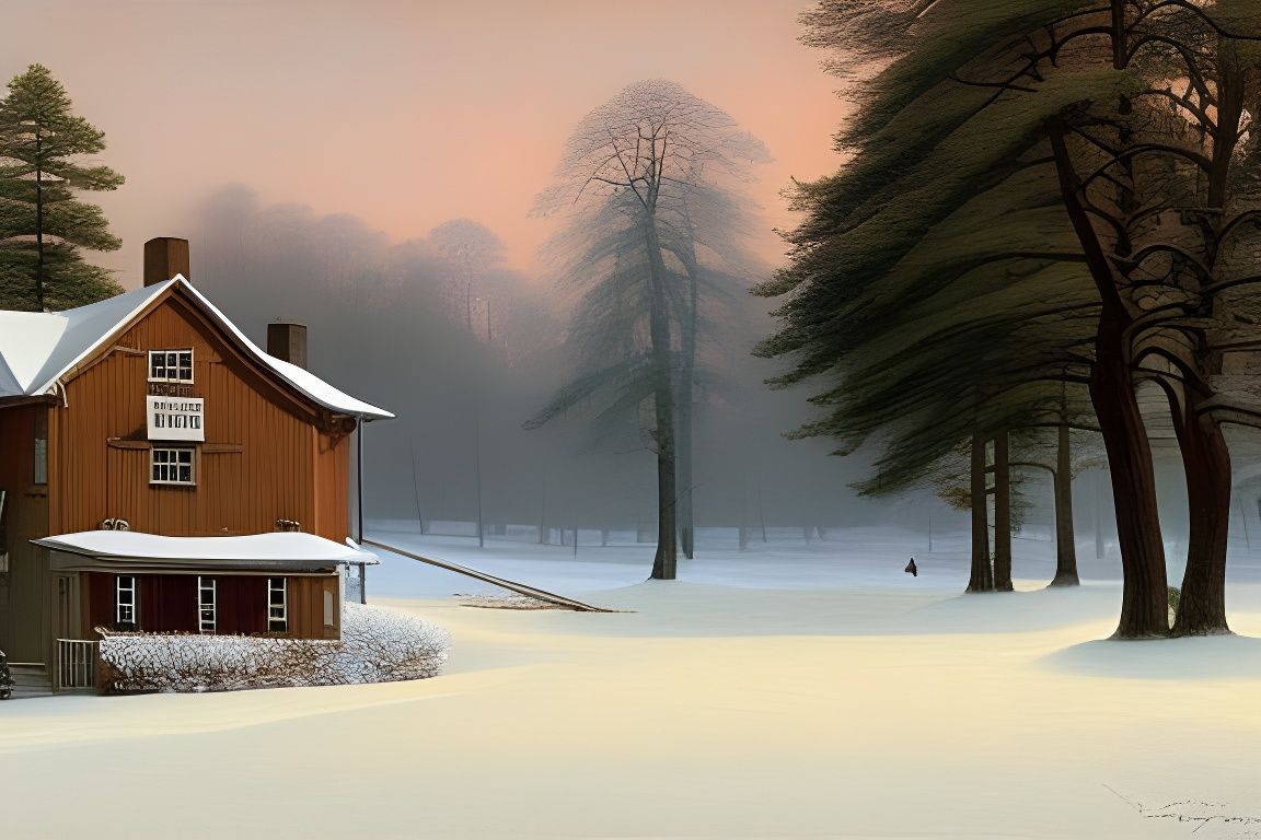 Snowy House at Dawn in Romantic Landscape Painting