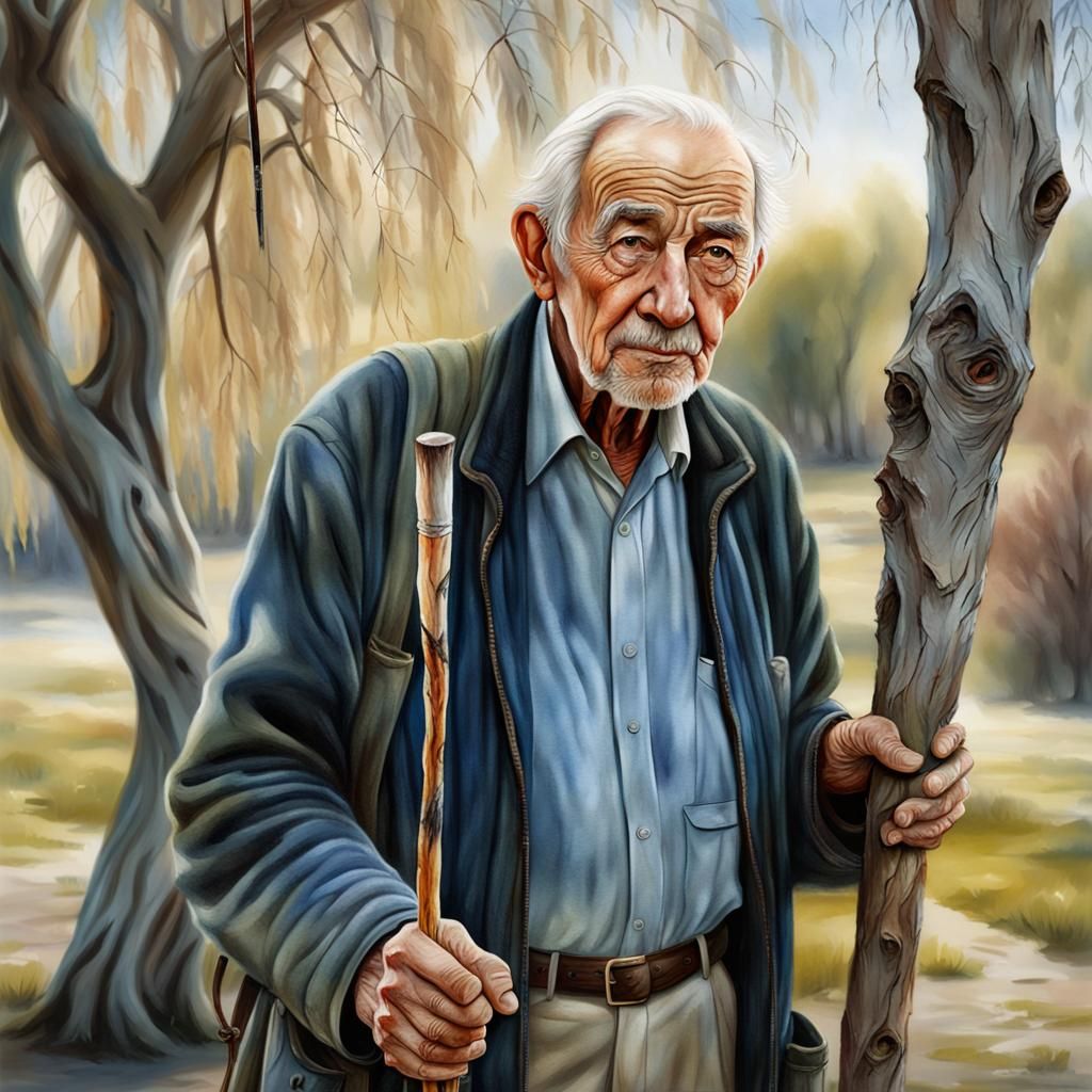 Elderly Man and Youthful Portrait in Hyperrealism