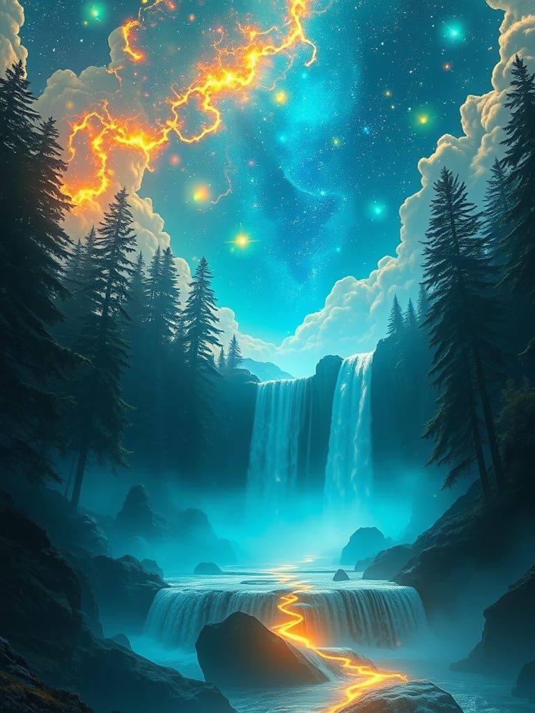 Radiant Dreamscape with Neon Waterfalls in Digital Art Style
