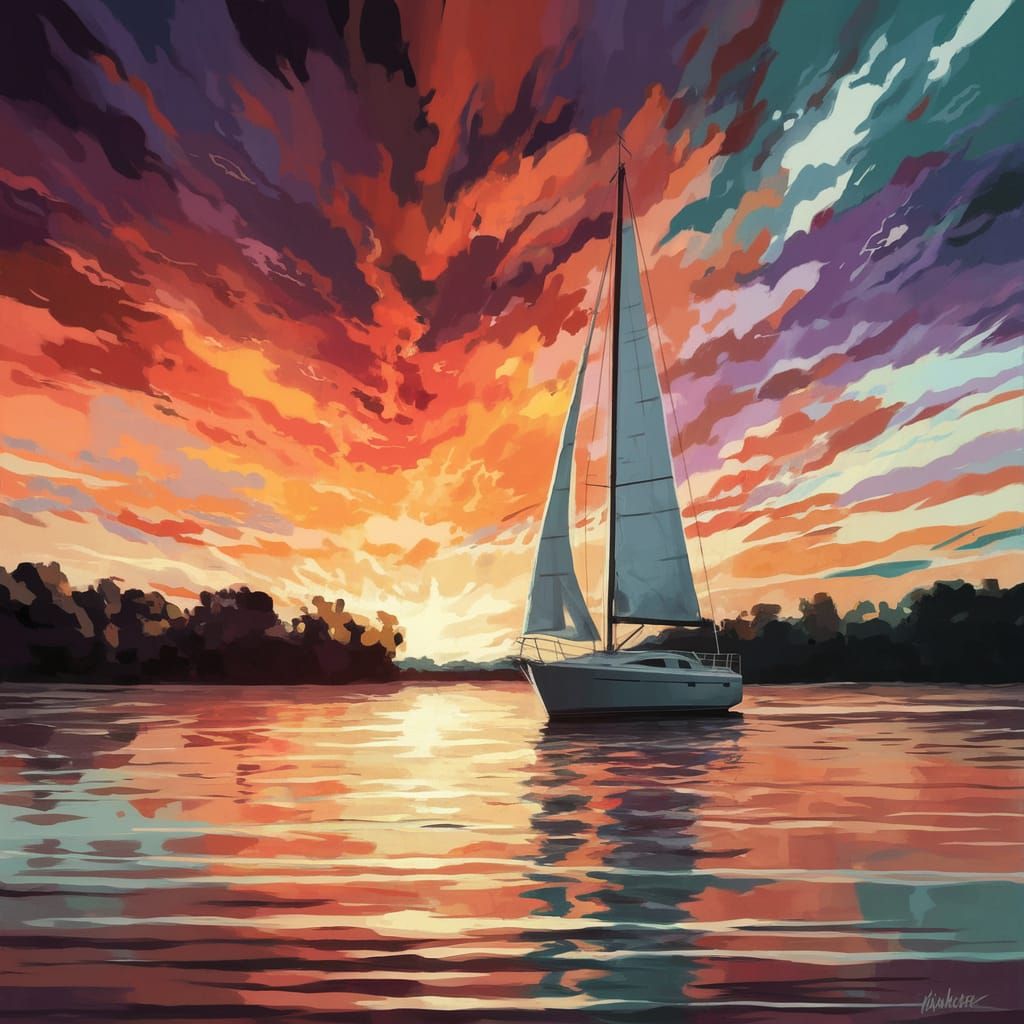 Vibrant Sunset Sailboat Scene in Painterly Style