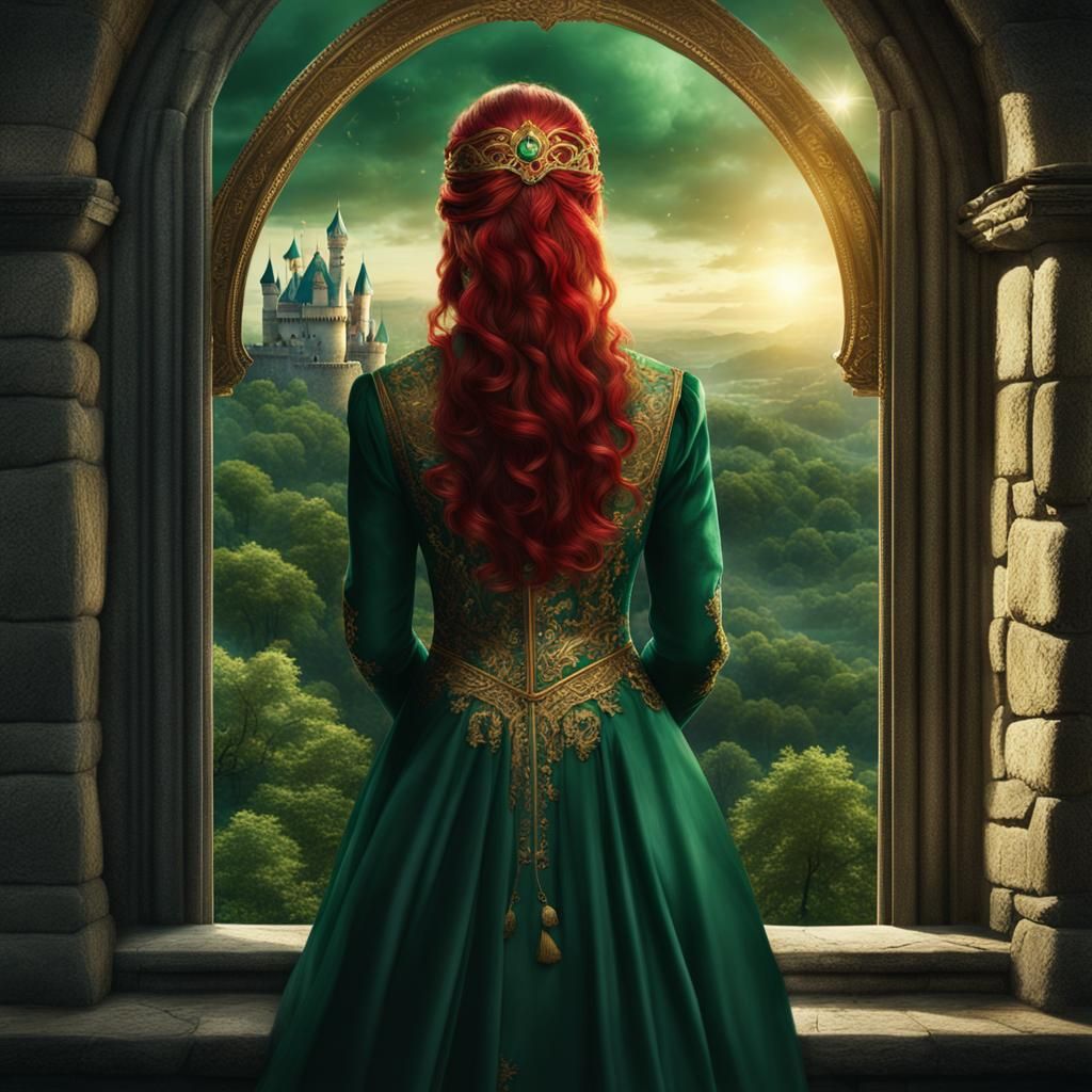 Woman in Emerald Dress Looks Out Castle Window