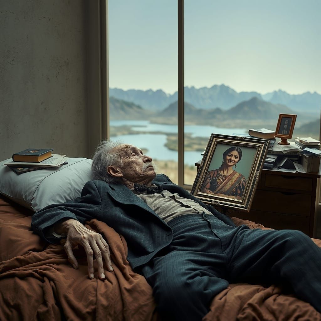 Lonely Old Man in Tattered Suit, Surrounded by Memories of a...