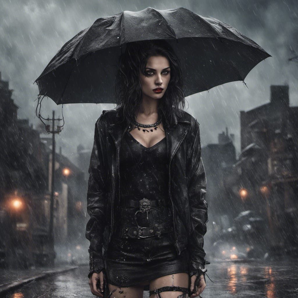 Edgy Brunette in Rainstorm: Fantasy Concept Art