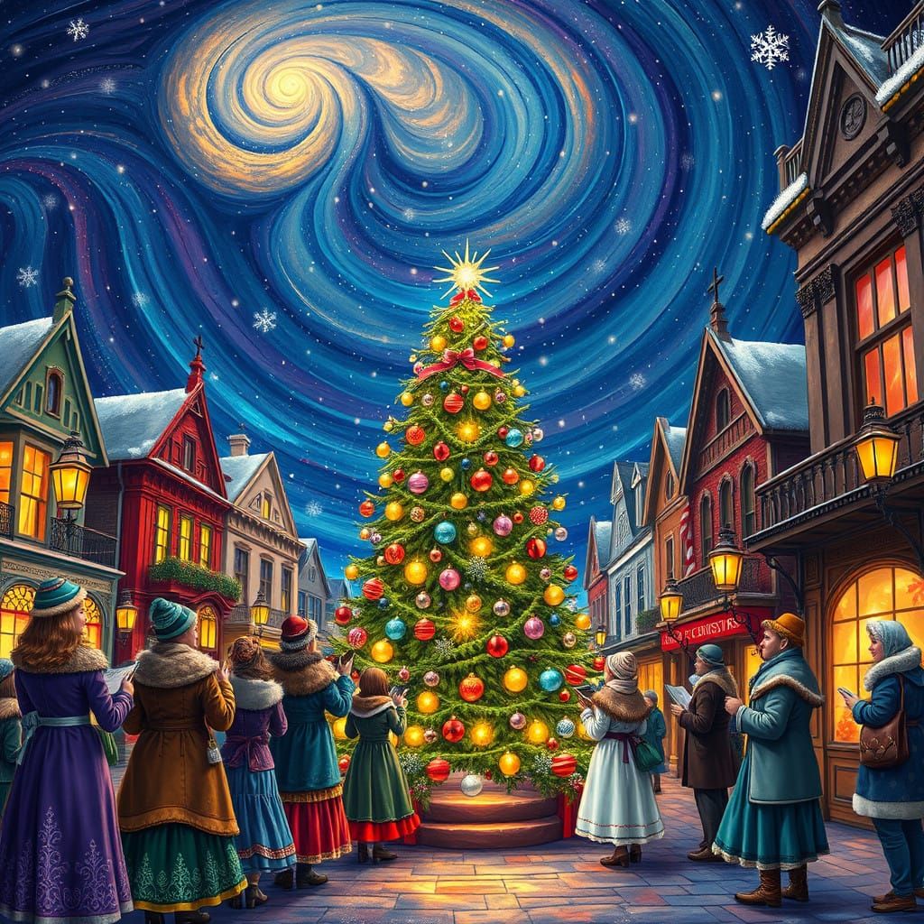 Victorian-Era Christmas Carolers Gather Around a Majestic Tr...