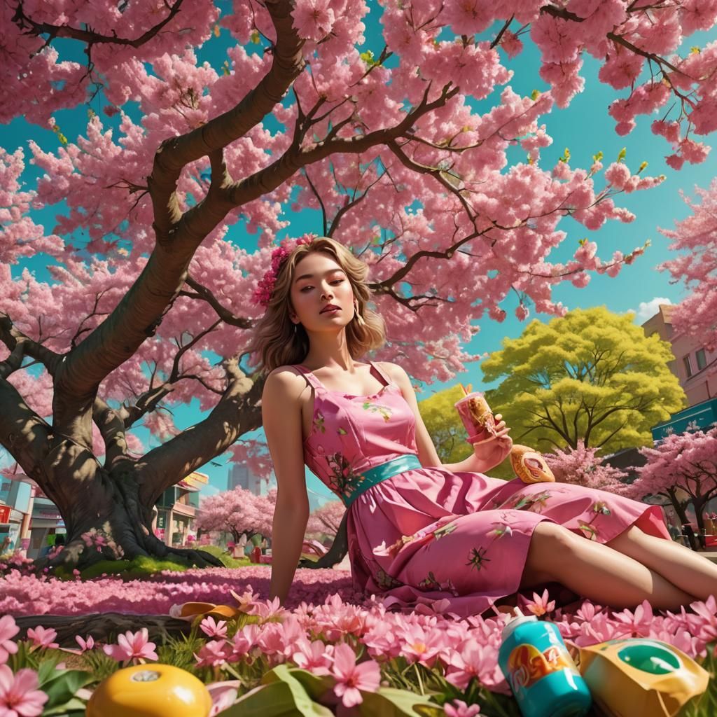 Girl Under Pink Tree, Digital Matte Painting